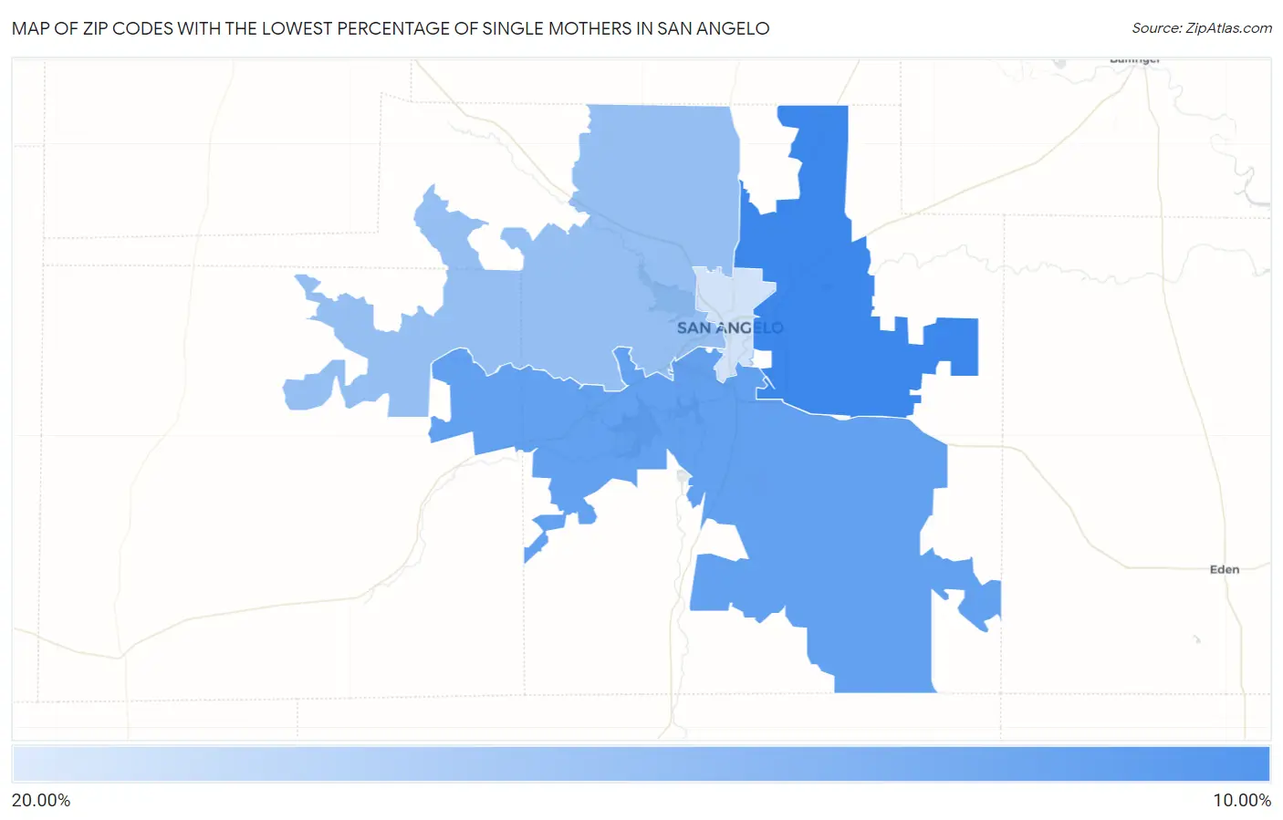 Zip Codes with the Lowest Percentage of Single Mothers in San Angelo Map