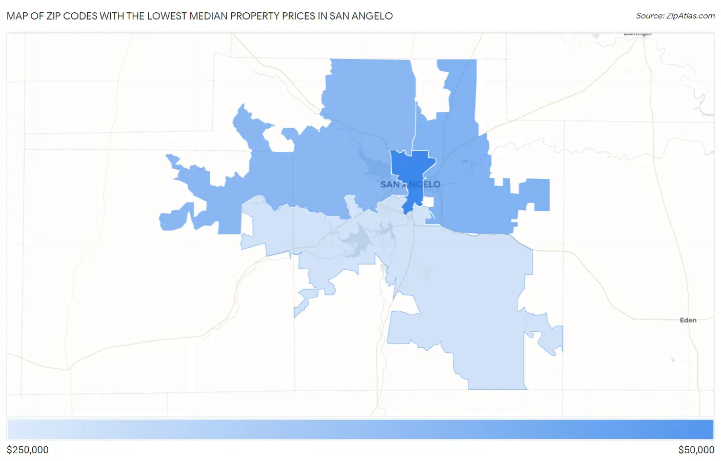 Zip Codes with the Lowest Median Property Prices in San Angelo Map