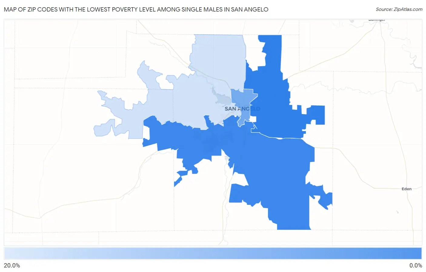 Zip Codes with the Lowest Poverty Level Among Single Males in San Angelo Map