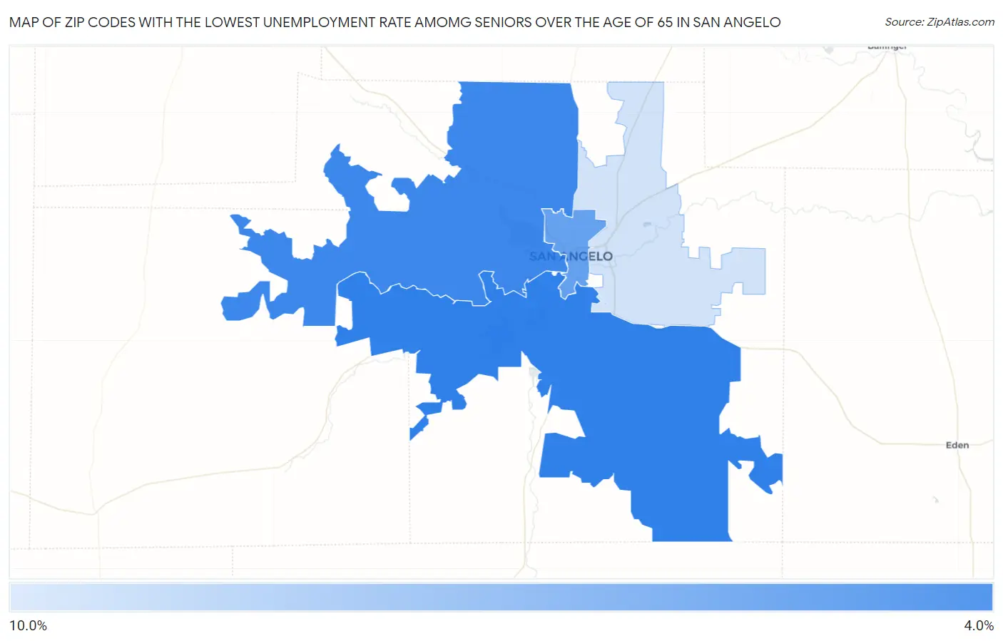 Zip Codes with the Lowest Unemployment Rate Amomg Seniors Over the Age of 65 in San Angelo Map
