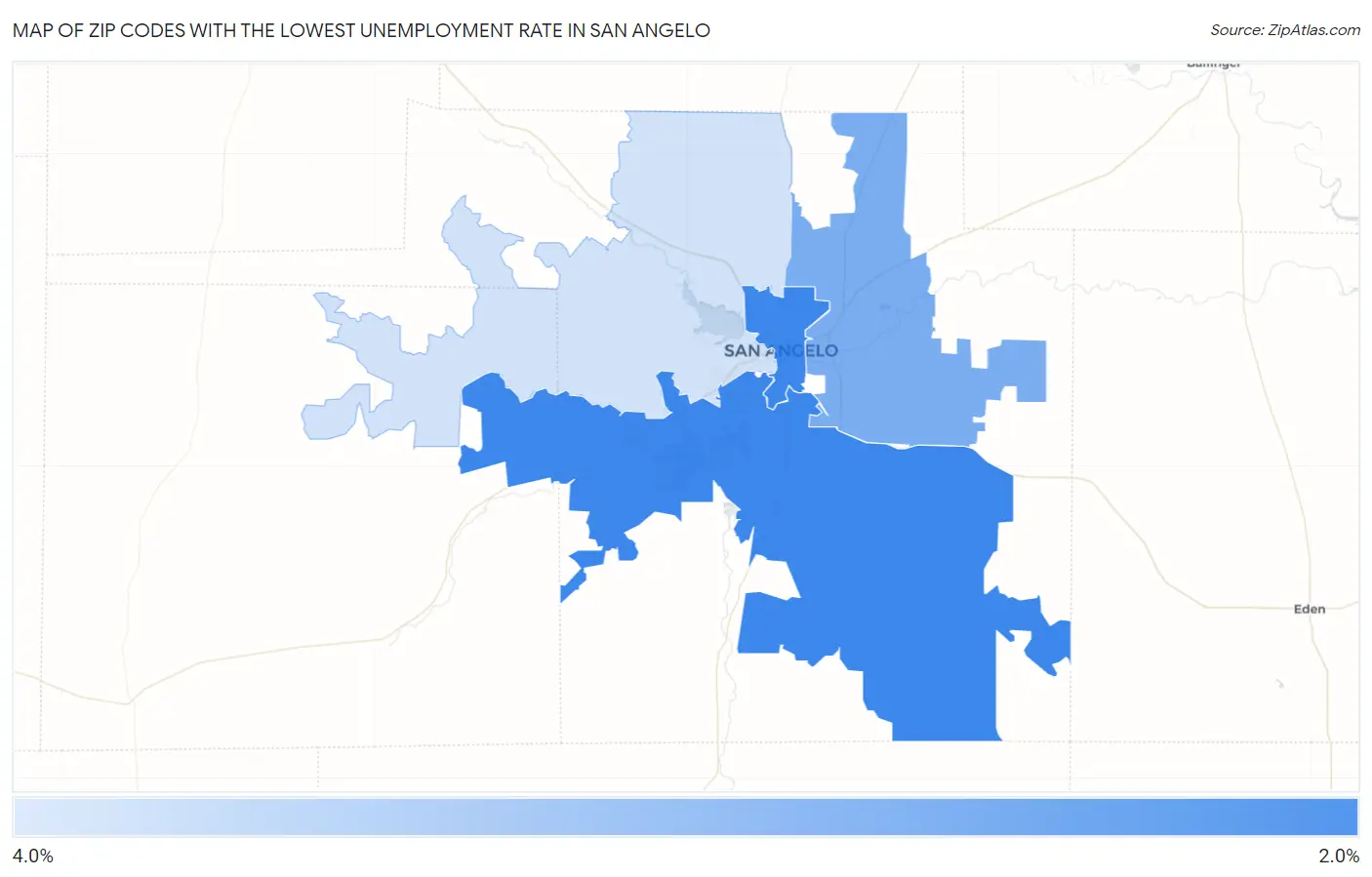Zip Codes with the Lowest Unemployment Rate in San Angelo Map