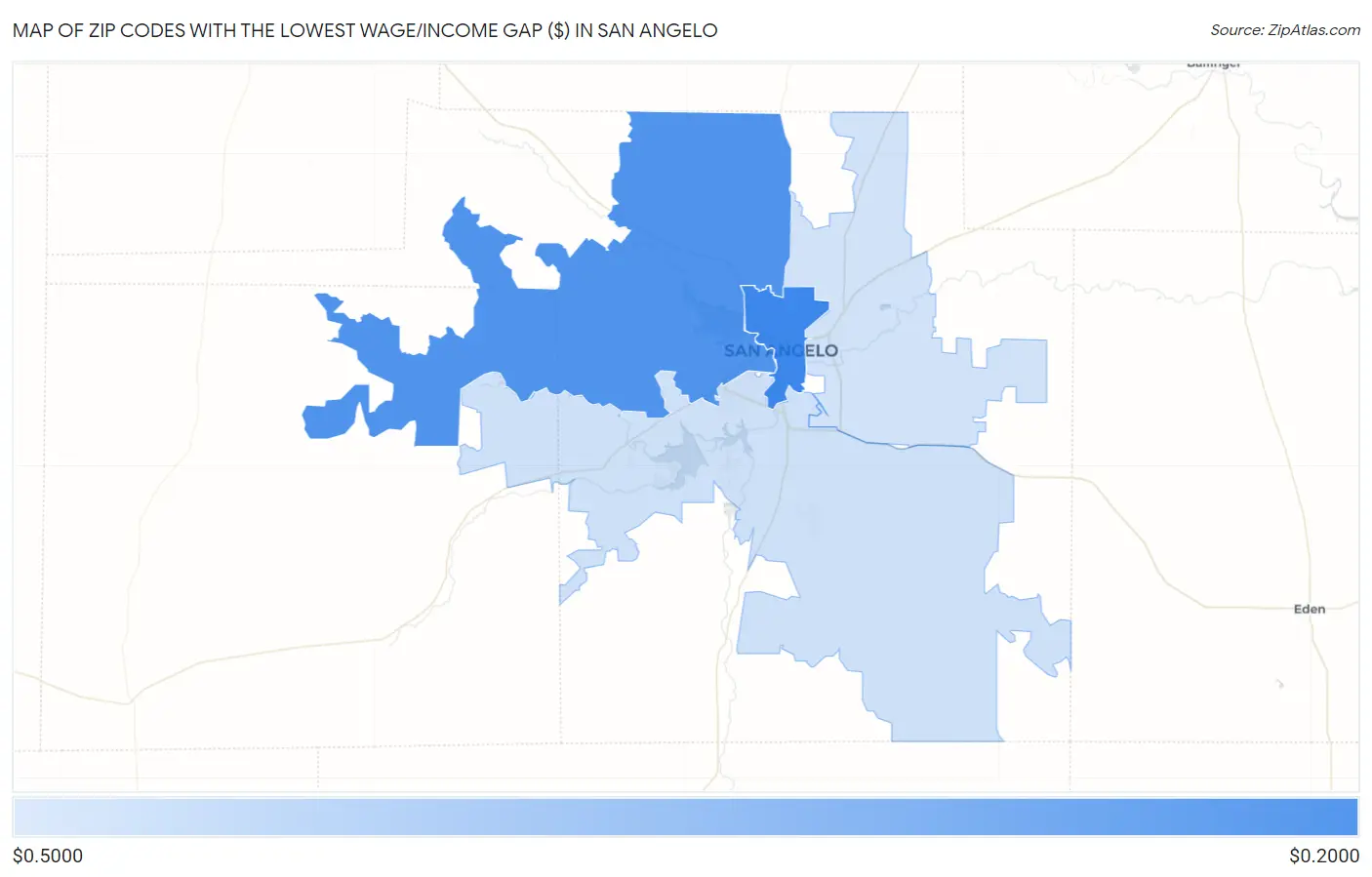 Zip Codes with the Lowest Wage/Income Gap ($) in San Angelo Map