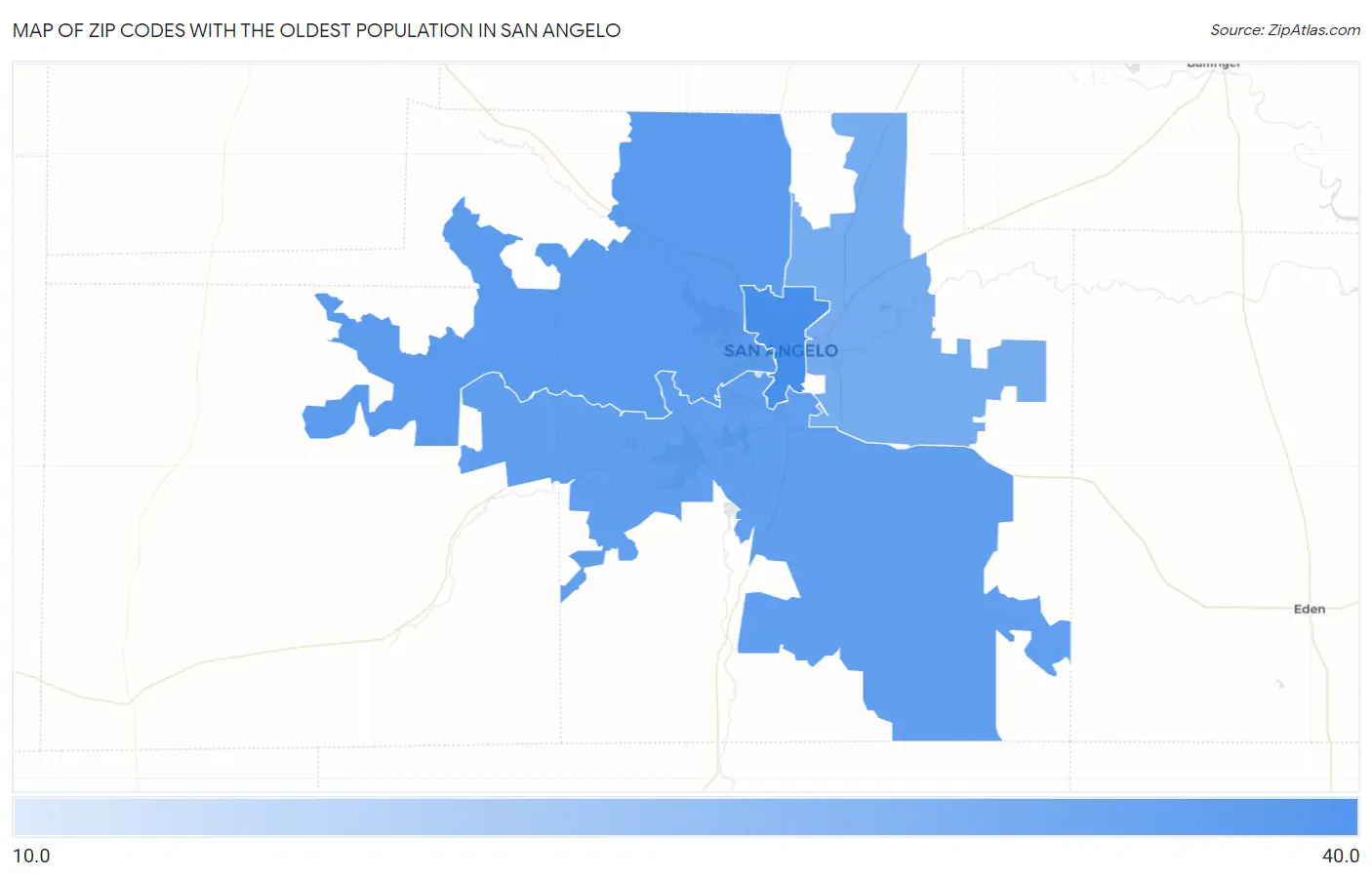 Zip Codes with the Oldest Population in San Angelo Map
