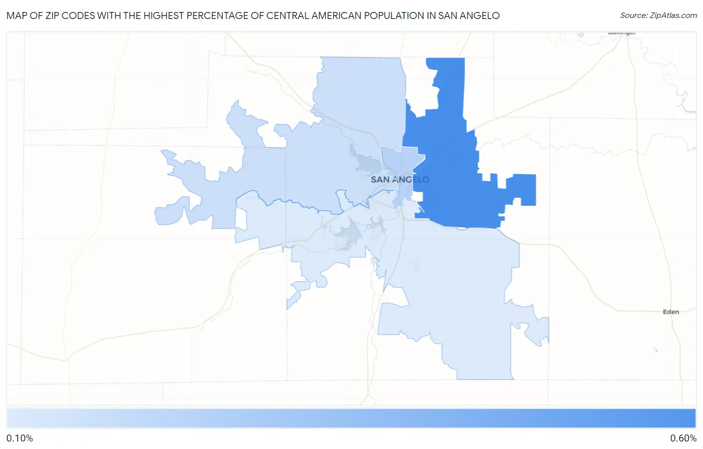 Zip Codes with the Highest Percentage of Central American Population in San Angelo Map