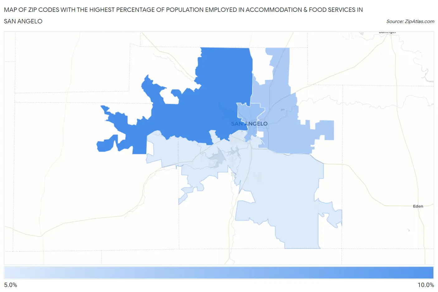 Zip Codes with the Highest Percentage of Population Employed in Accommodation & Food Services in San Angelo Map