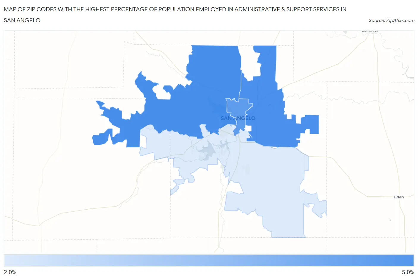 Zip Codes with the Highest Percentage of Population Employed in Administrative & Support Services in San Angelo Map