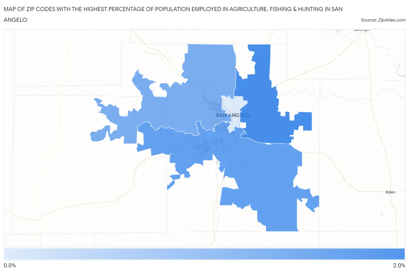 Zip Codes with the Highest Percentage of Population Employed in Agriculture, Fishing & Hunting in San Angelo Map
