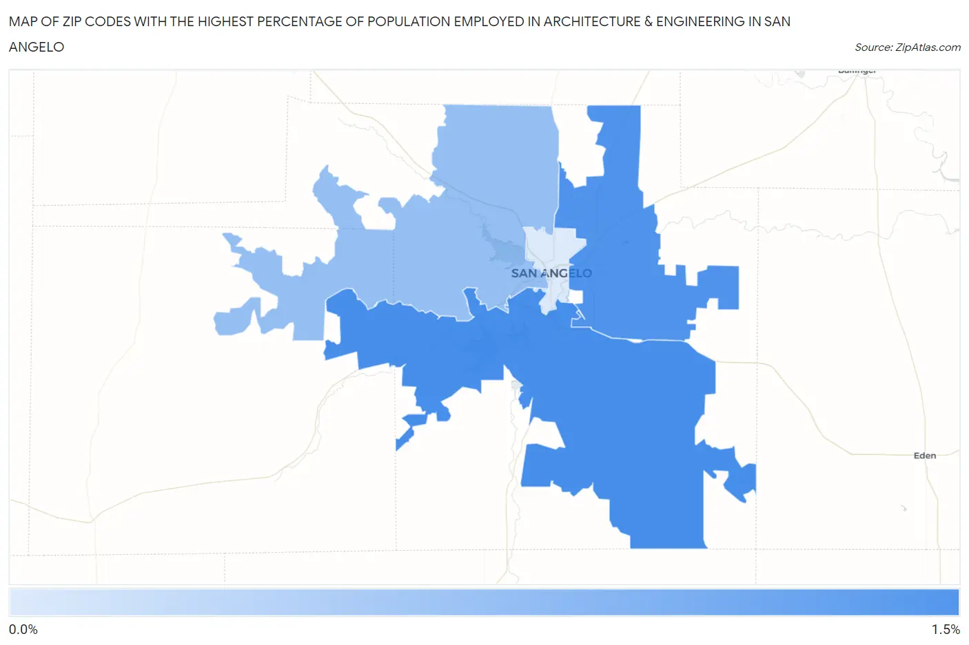 Zip Codes with the Highest Percentage of Population Employed in Architecture & Engineering in San Angelo Map