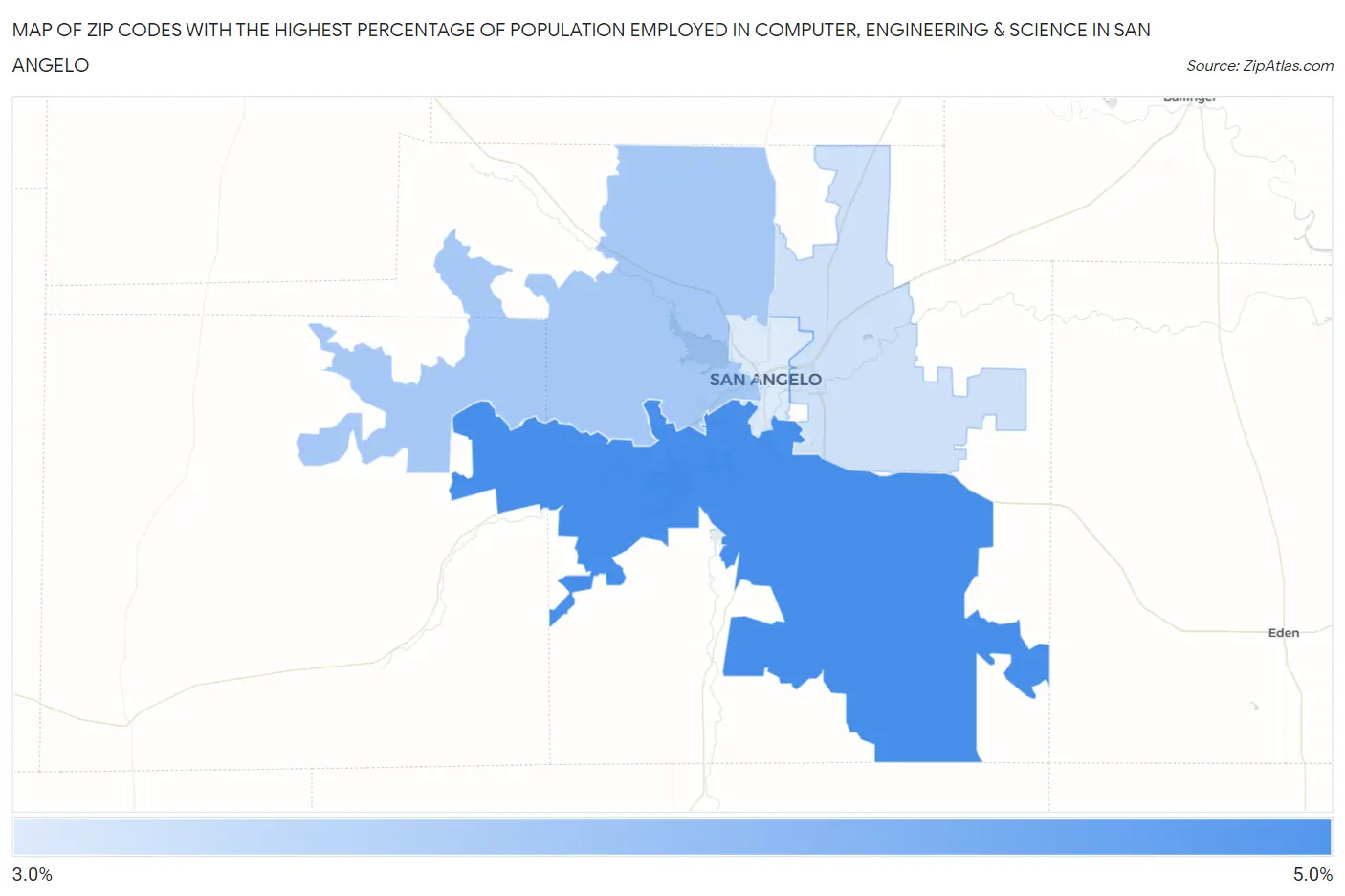 Zip Codes with the Highest Percentage of Population Employed in Computer, Engineering & Science in San Angelo Map