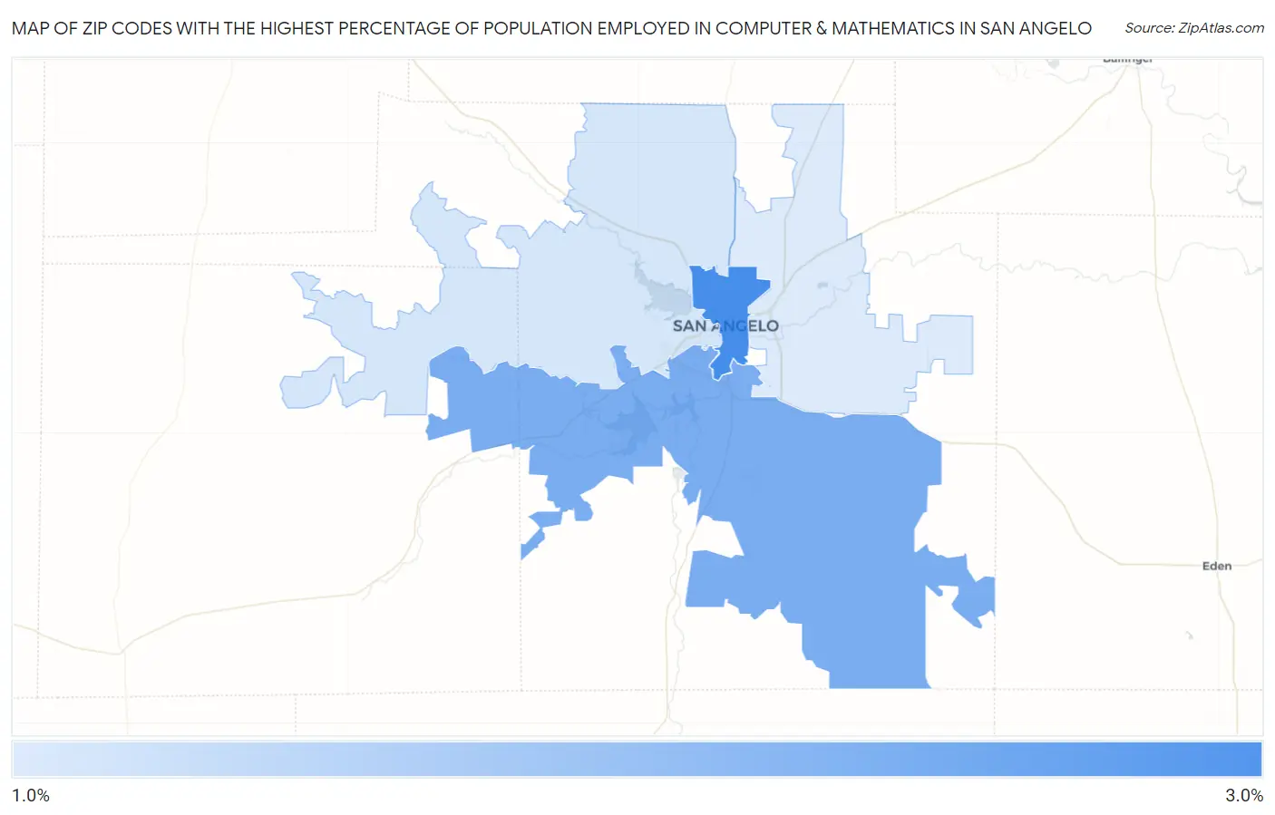 Zip Codes with the Highest Percentage of Population Employed in Computer & Mathematics in San Angelo Map