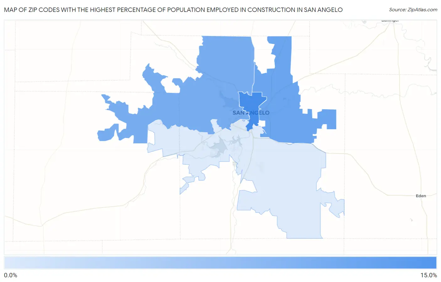 Zip Codes with the Highest Percentage of Population Employed in Construction in San Angelo Map