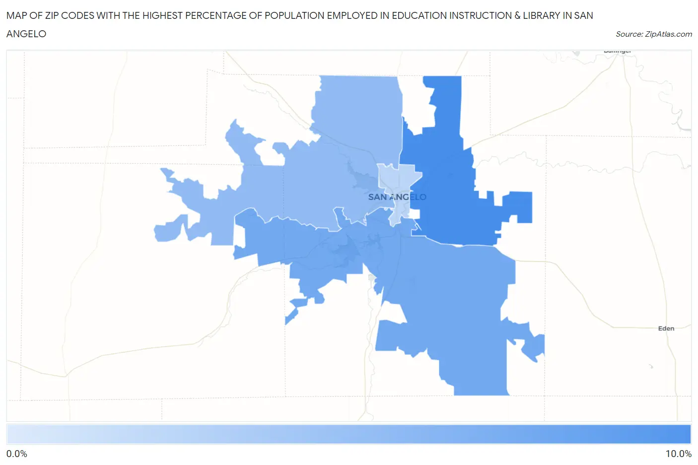 Zip Codes with the Highest Percentage of Population Employed in Education Instruction & Library in San Angelo Map