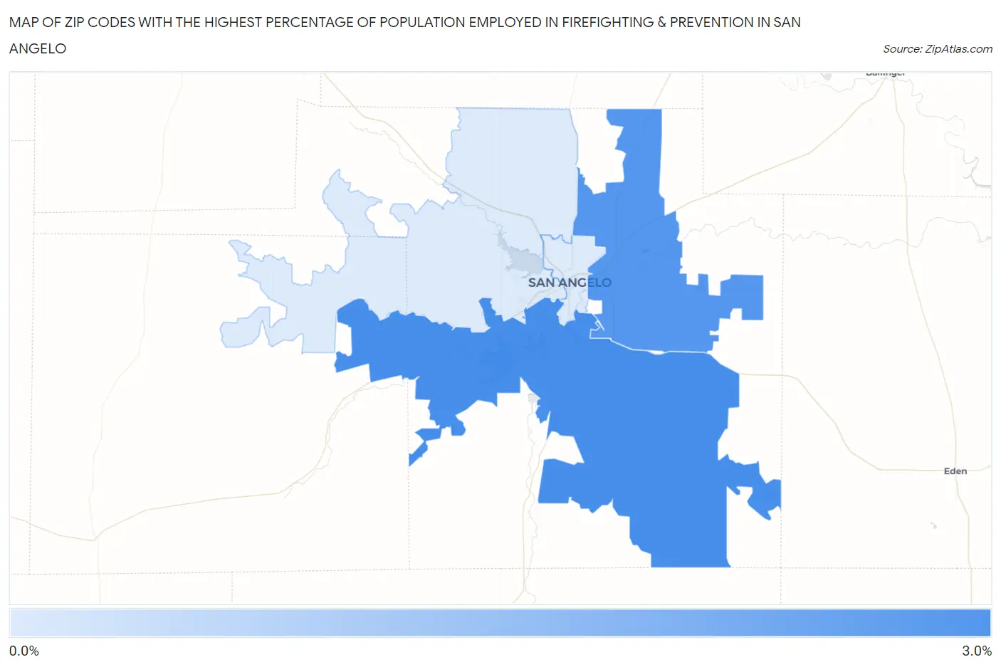 Zip Codes with the Highest Percentage of Population Employed in Firefighting & Prevention in San Angelo Map