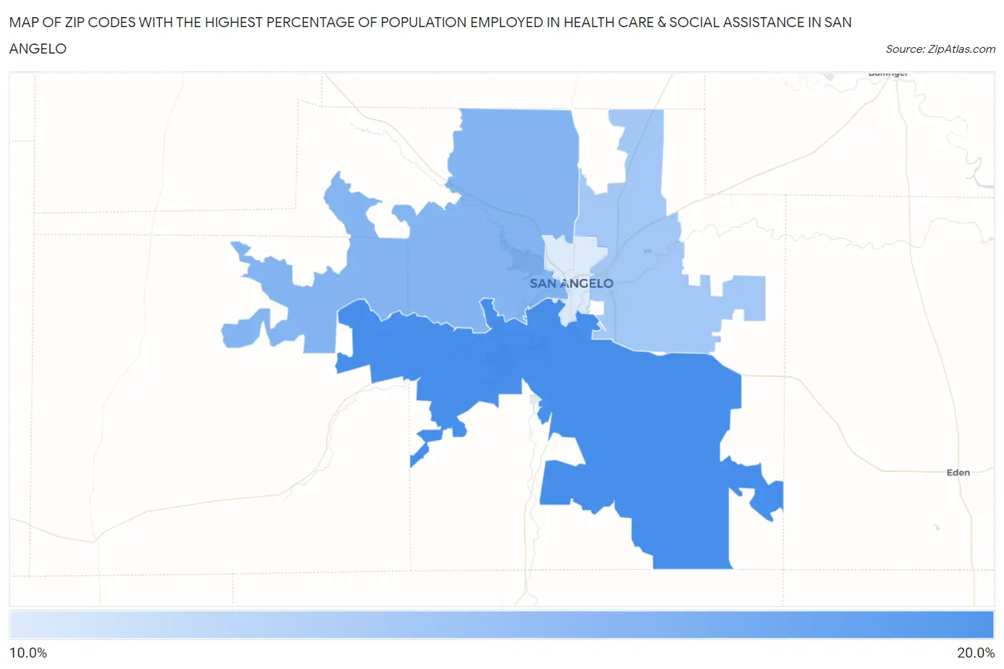 Zip Codes with the Highest Percentage of Population Employed in Health Care & Social Assistance in San Angelo Map