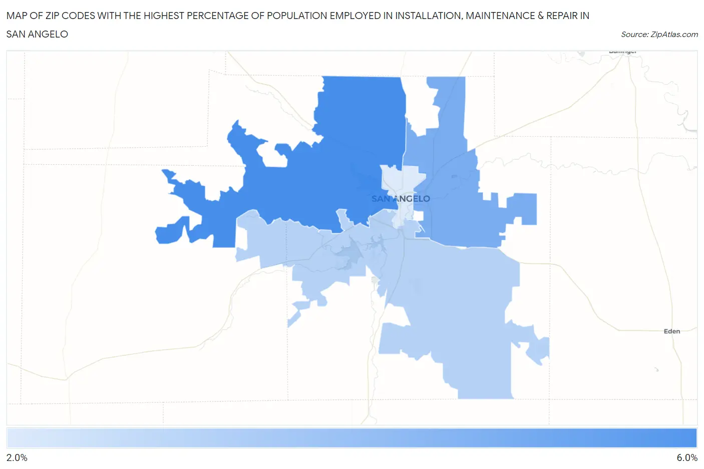 Zip Codes with the Highest Percentage of Population Employed in Installation, Maintenance & Repair in San Angelo Map