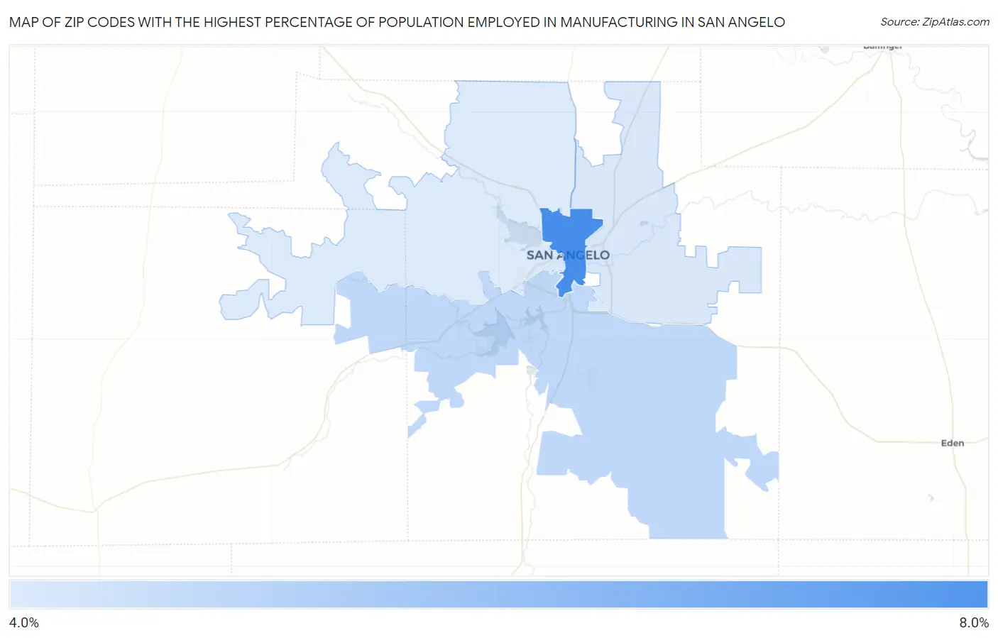 Zip Codes with the Highest Percentage of Population Employed in Manufacturing in San Angelo Map