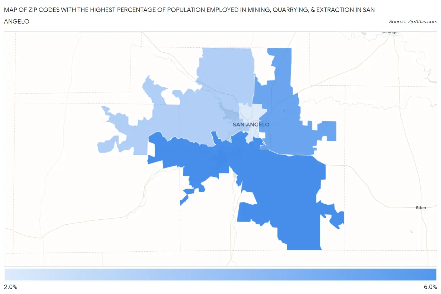 Zip Codes with the Highest Percentage of Population Employed in Mining, Quarrying, & Extraction in San Angelo Map