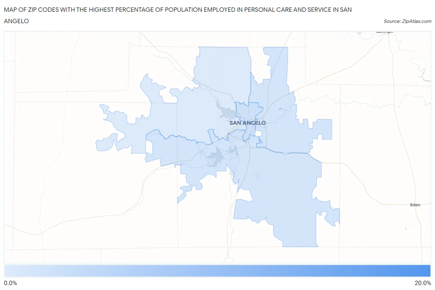 Zip Codes with the Highest Percentage of Population Employed in Personal Care and Service in San Angelo Map