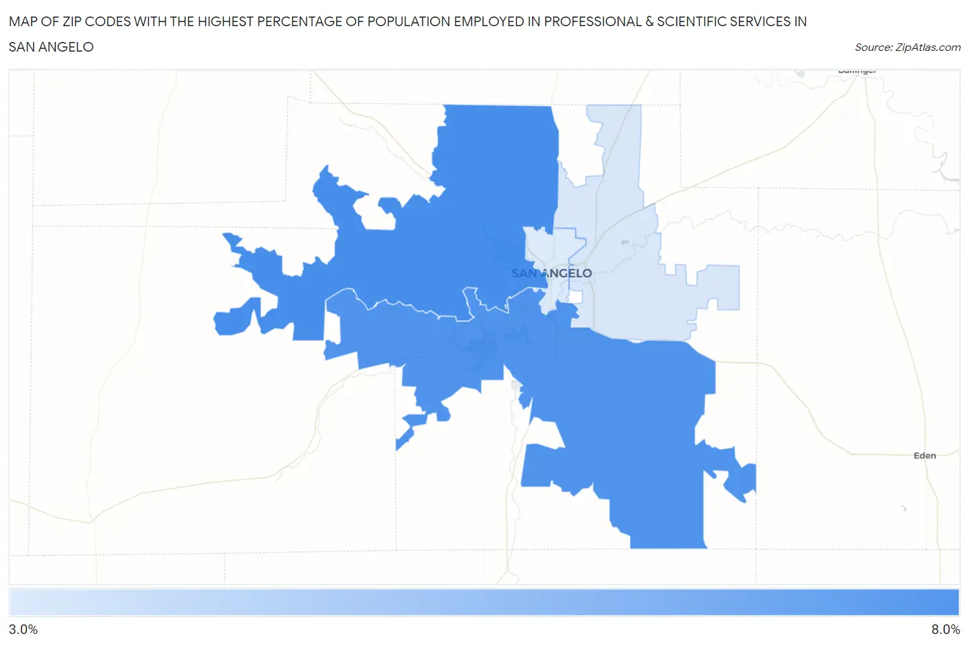 Zip Codes with the Highest Percentage of Population Employed in Professional & Scientific Services in San Angelo Map