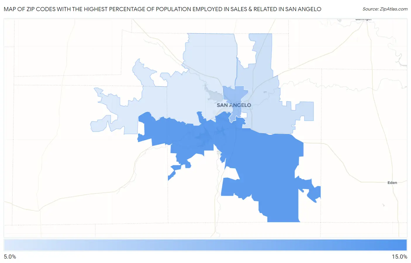 Zip Codes with the Highest Percentage of Population Employed in Sales & Related in San Angelo Map