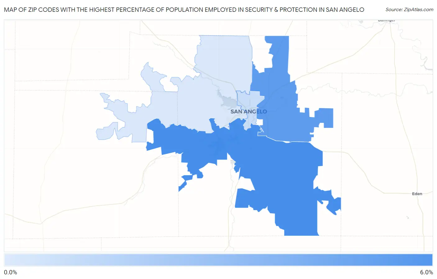 Zip Codes with the Highest Percentage of Population Employed in Security & Protection in San Angelo Map