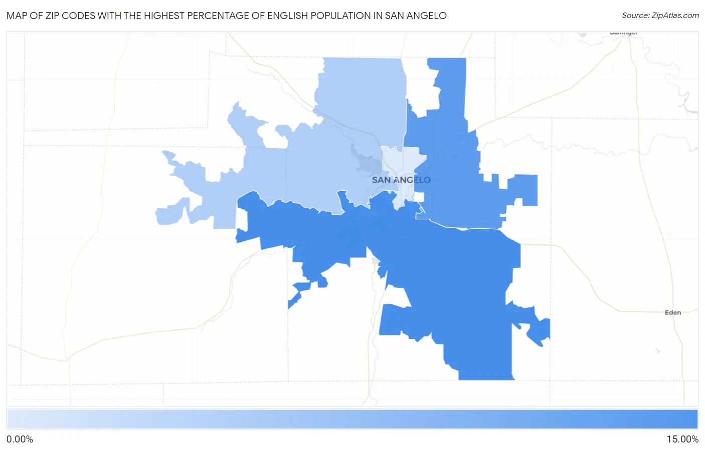Zip Codes with the Highest Percentage of English Population in San Angelo Map