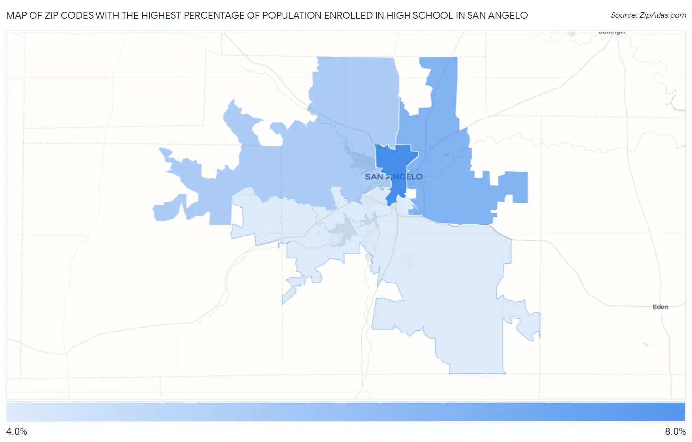Zip Codes with the Highest Percentage of Population Enrolled in High School in San Angelo Map