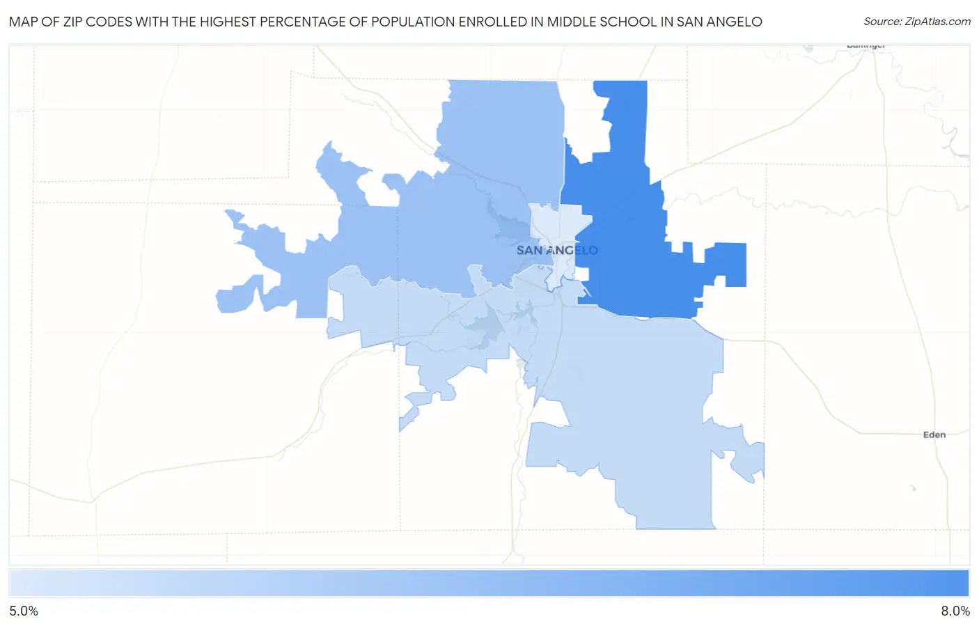 Zip Codes with the Highest Percentage of Population Enrolled in Middle School in San Angelo Map