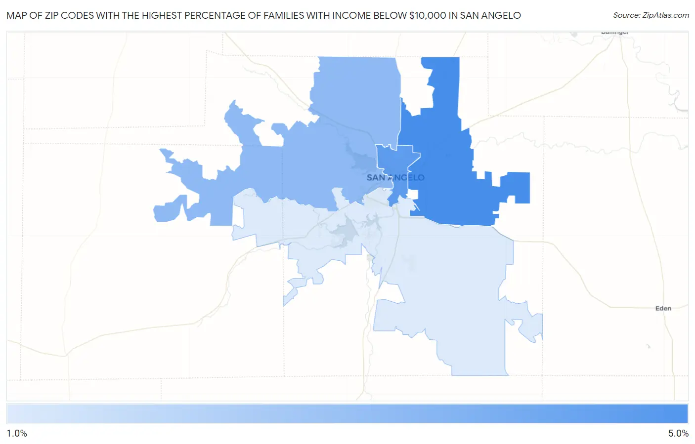 Zip Codes with the Highest Percentage of Families with Income Below $10,000 in San Angelo Map