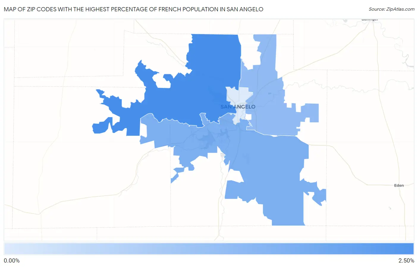 Zip Codes with the Highest Percentage of French Population in San Angelo Map