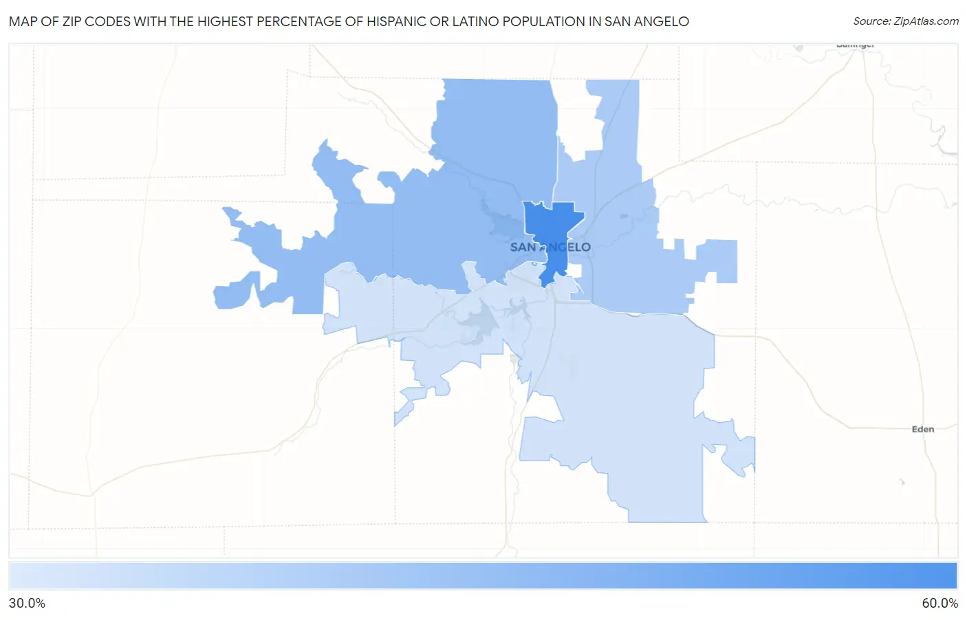 Zip Codes with the Highest Percentage of Hispanic or Latino Population in San Angelo Map