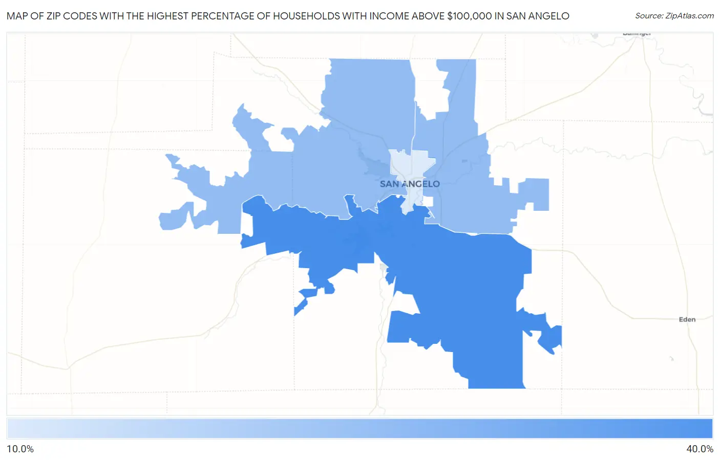 Zip Codes with the Highest Percentage of Households with Income Above $100,000 in San Angelo Map
