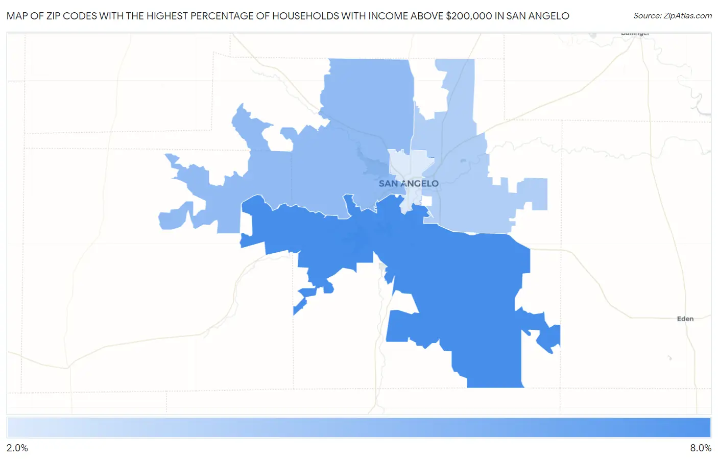 Zip Codes with the Highest Percentage of Households with Income Above $200,000 in San Angelo Map