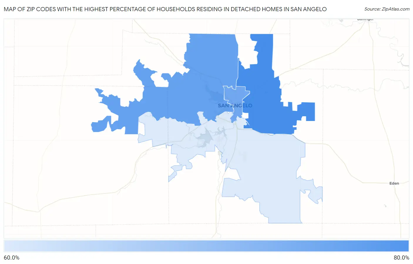 Zip Codes with the Highest Percentage of Households Residing in Detached Homes in San Angelo Map