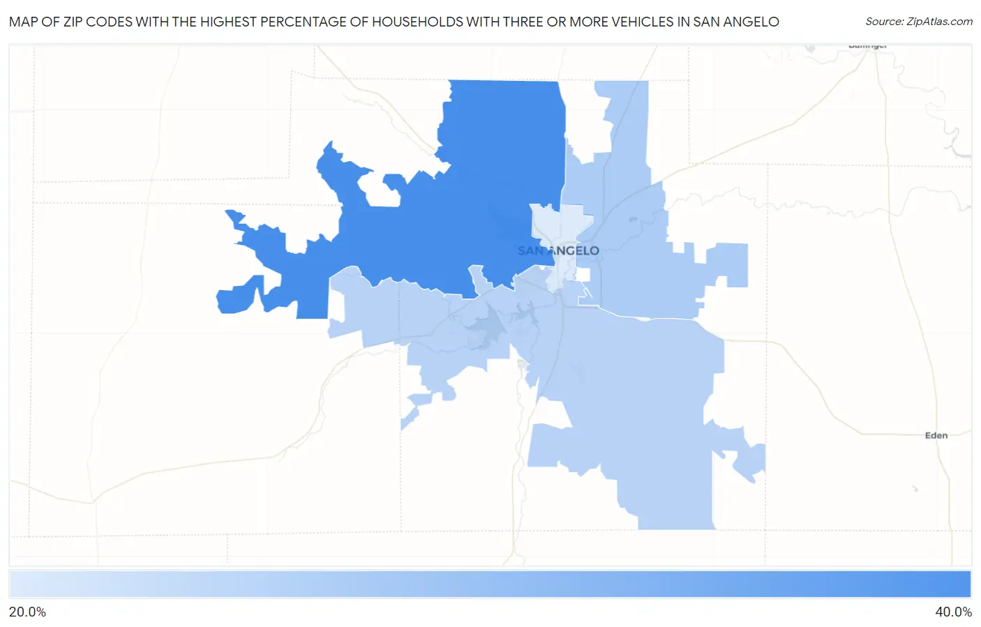 Zip Codes with the Highest Percentage of Households With Three or more Vehicles in San Angelo Map