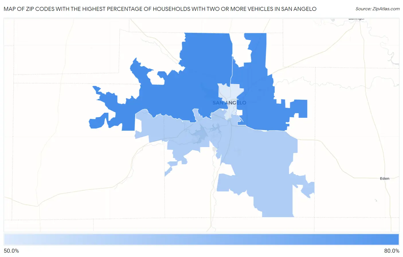 Zip Codes with the Highest Percentage of Households With Two or more Vehicles in San Angelo Map