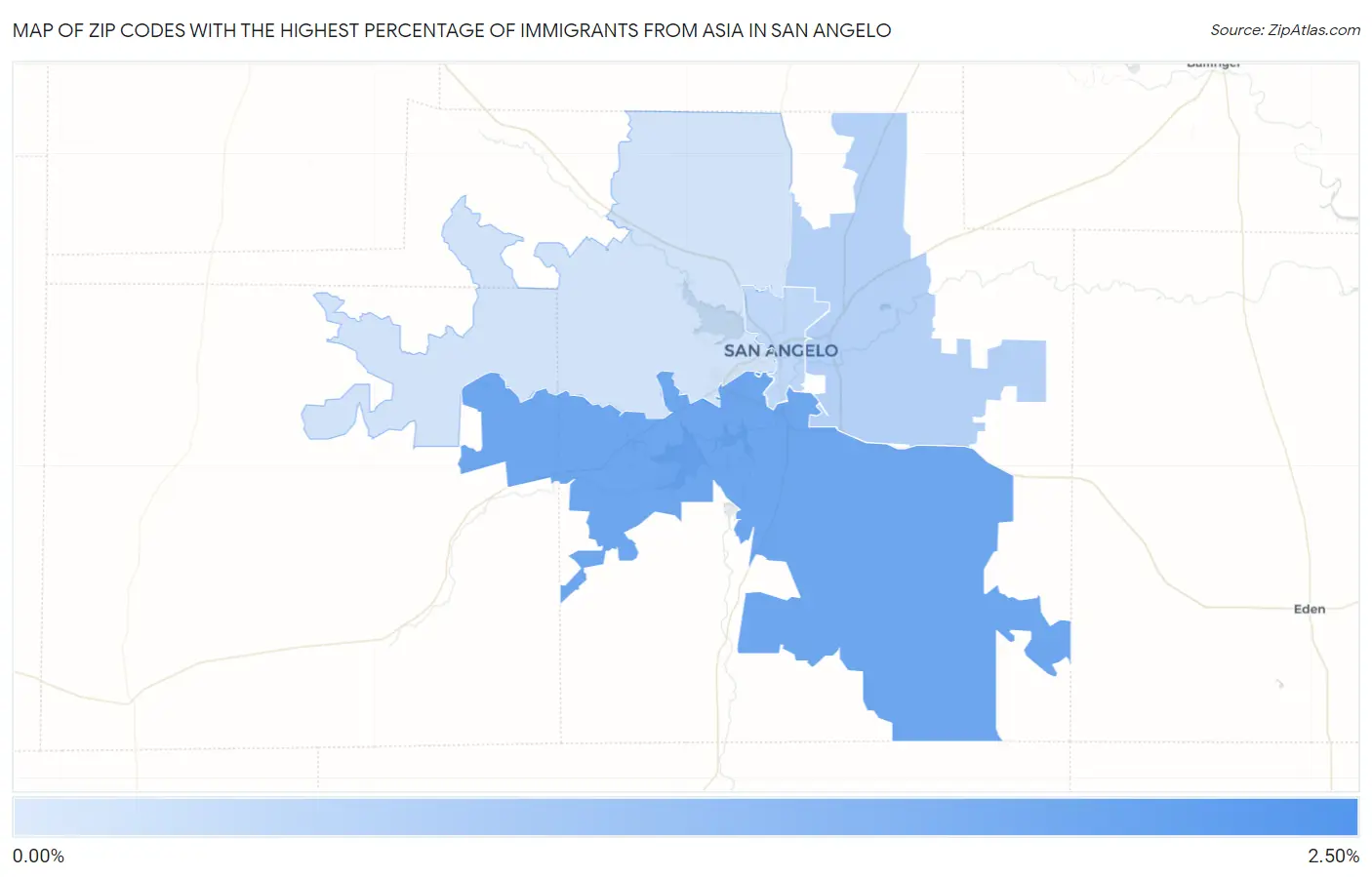 Zip Codes with the Highest Percentage of Immigrants from Asia in San Angelo Map