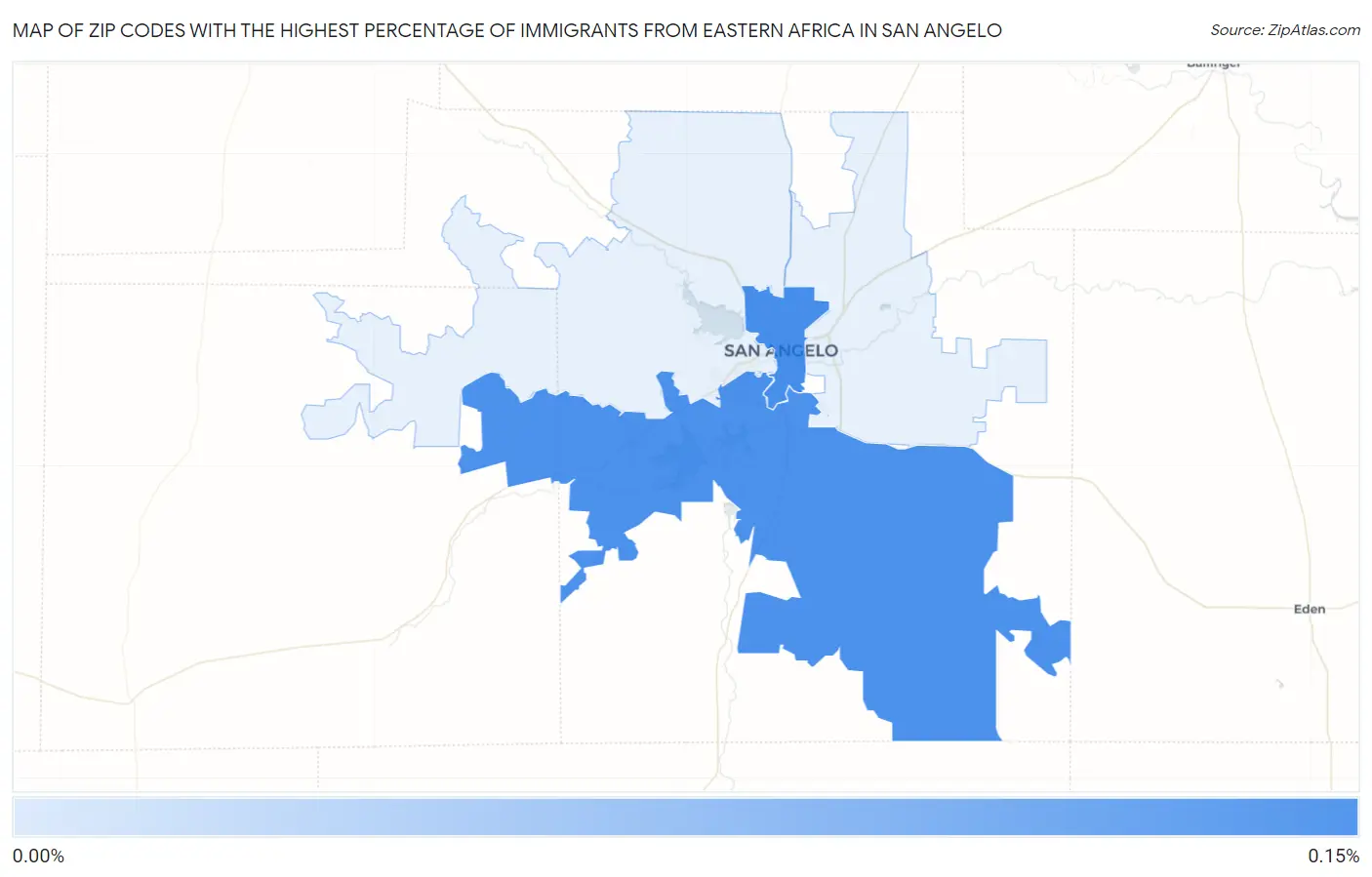 Zip Codes with the Highest Percentage of Immigrants from Eastern Africa in San Angelo Map