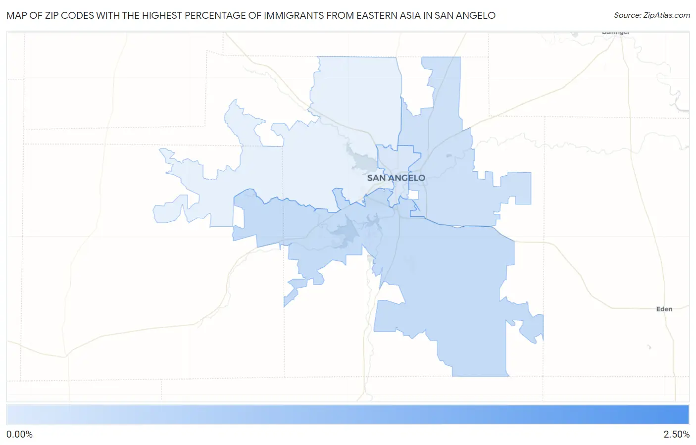 Zip Codes with the Highest Percentage of Immigrants from Eastern Asia in San Angelo Map