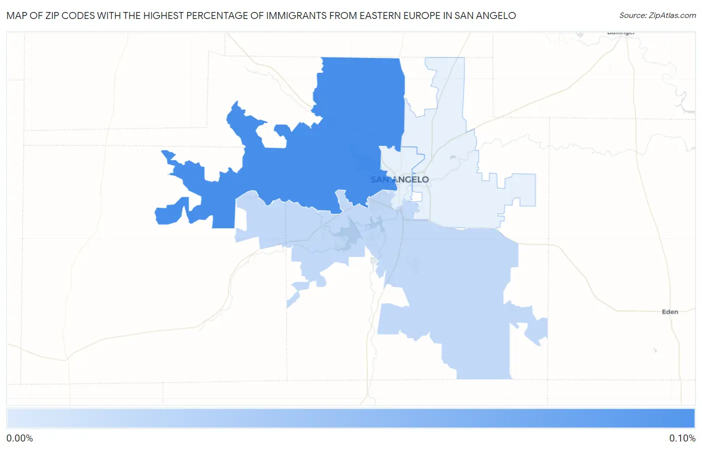 Zip Codes with the Highest Percentage of Immigrants from Eastern Europe in San Angelo Map