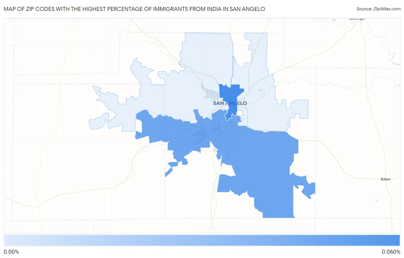 Zip Codes with the Highest Percentage of Immigrants from India in San Angelo Map