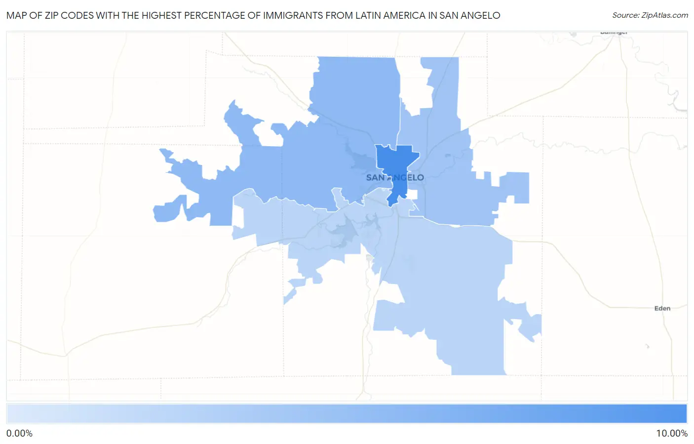 Zip Codes with the Highest Percentage of Immigrants from Latin America in San Angelo Map