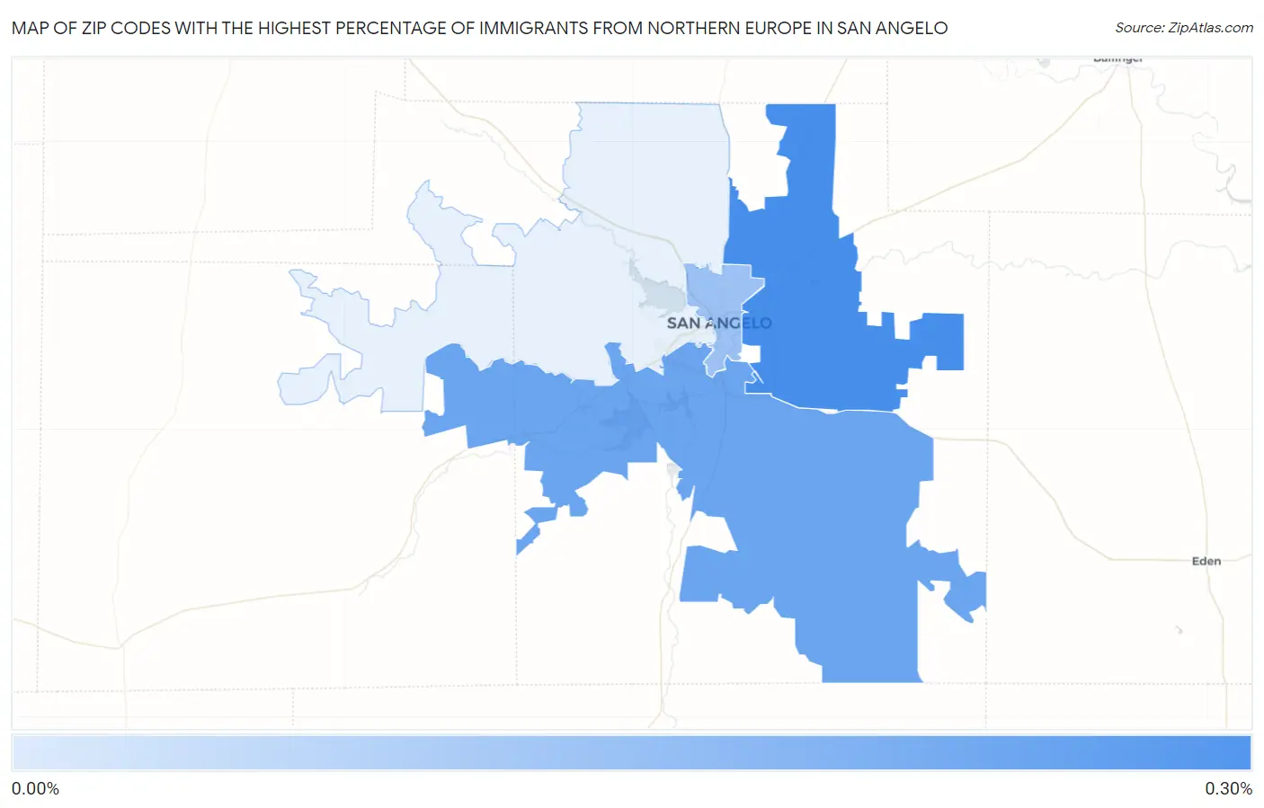 Zip Codes with the Highest Percentage of Immigrants from Northern Europe in San Angelo Map