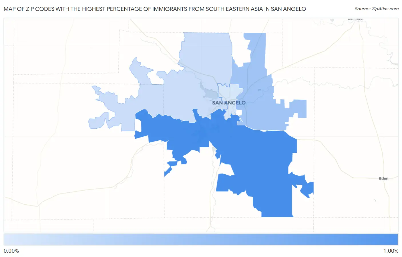 Zip Codes with the Highest Percentage of Immigrants from South Eastern Asia in San Angelo Map