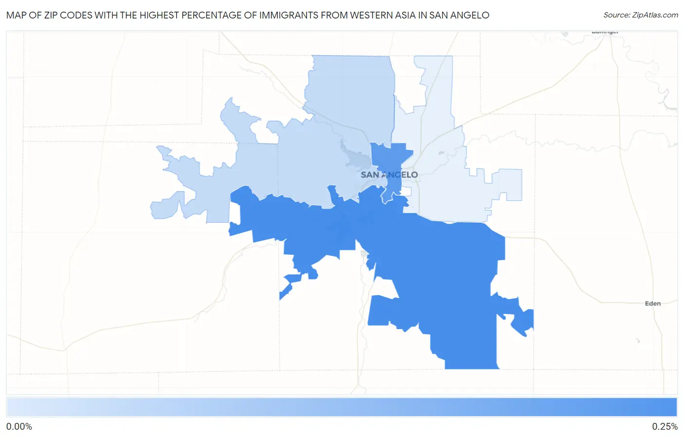 Zip Codes with the Highest Percentage of Immigrants from Western Asia in San Angelo Map