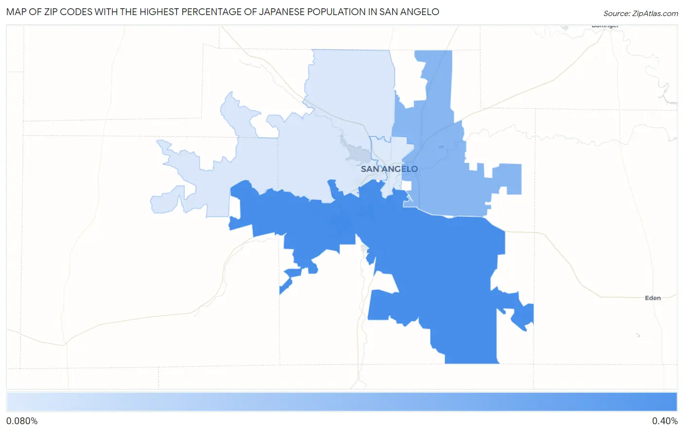Zip Codes with the Highest Percentage of Japanese Population in San Angelo Map