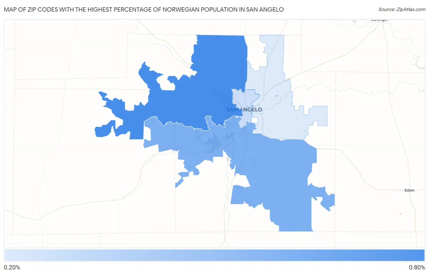 Zip Codes with the Highest Percentage of Norwegian Population in San Angelo Map