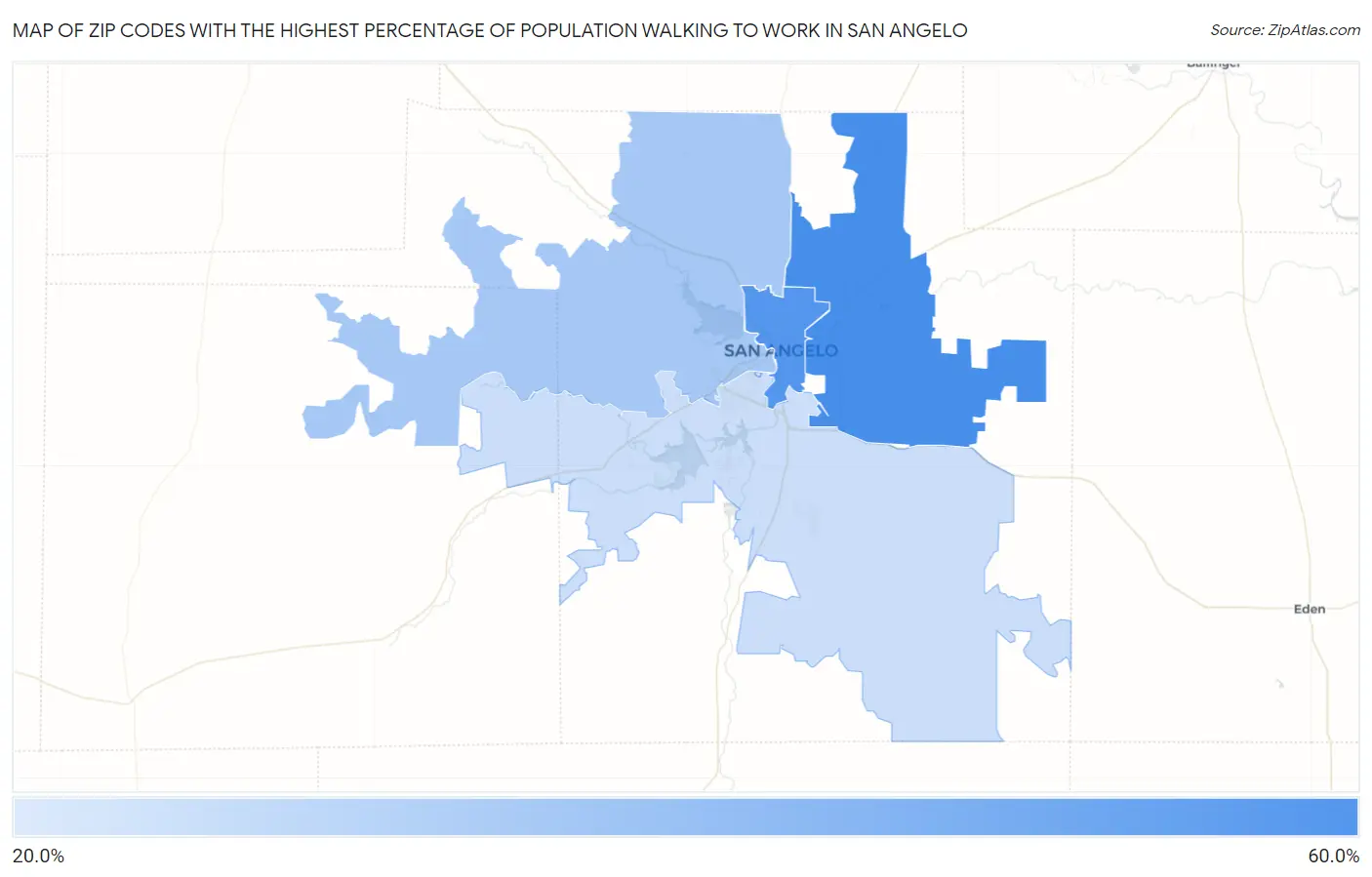Zip Codes with the Highest Percentage of Population Walking to Work in San Angelo Map