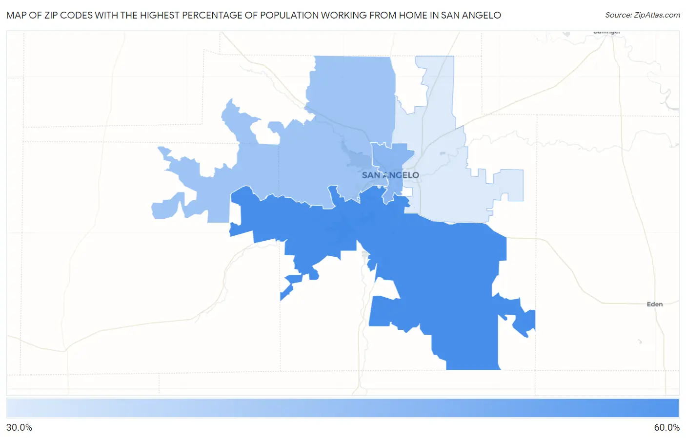 Zip Codes with the Highest Percentage of Population Working from Home in San Angelo Map