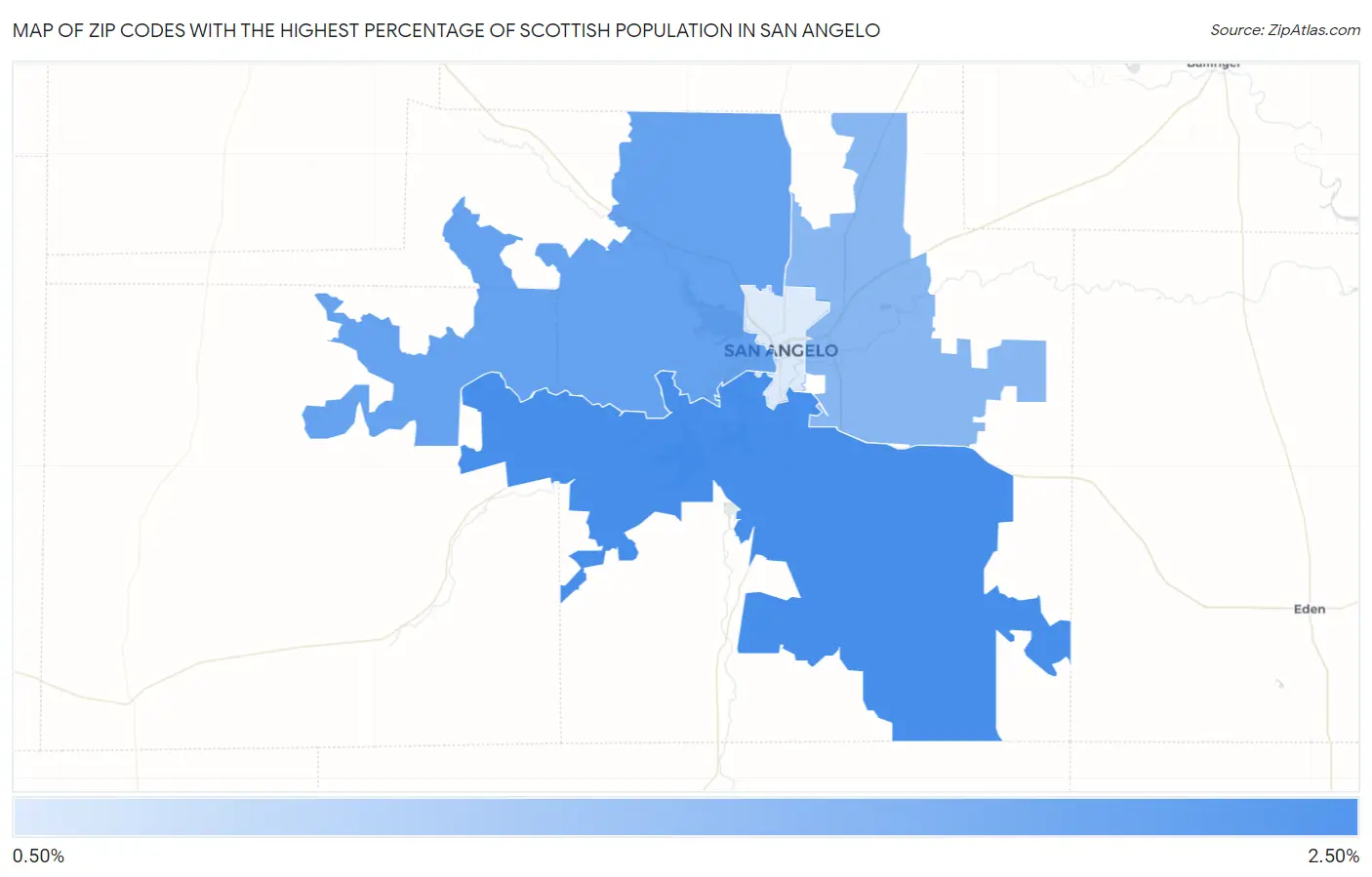 Zip Codes with the Highest Percentage of Scottish Population in San Angelo Map